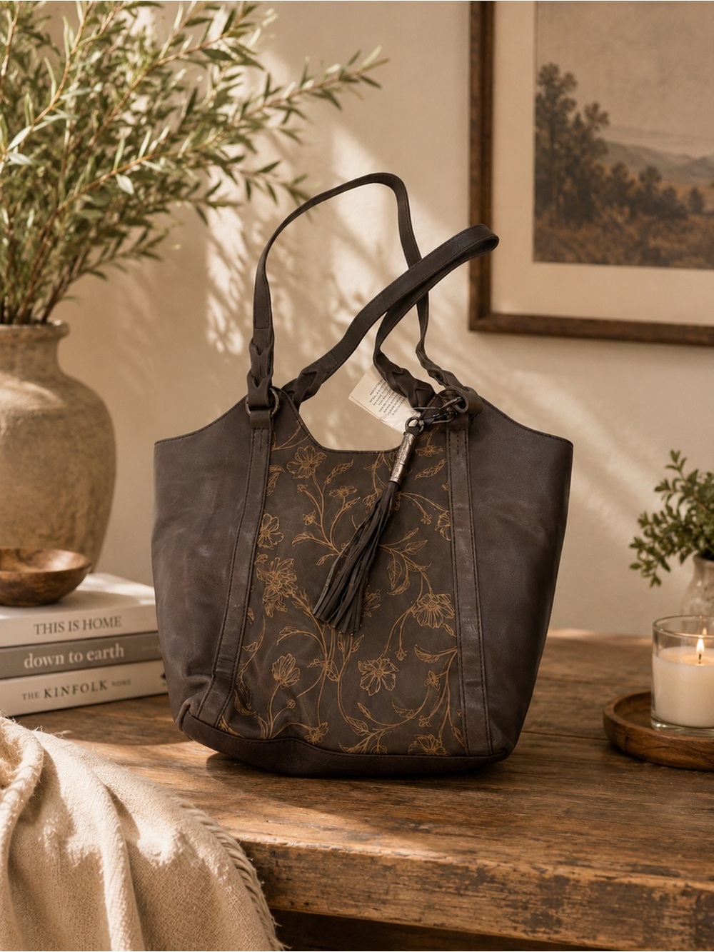The Sak Brown Floral Tote with Tassel